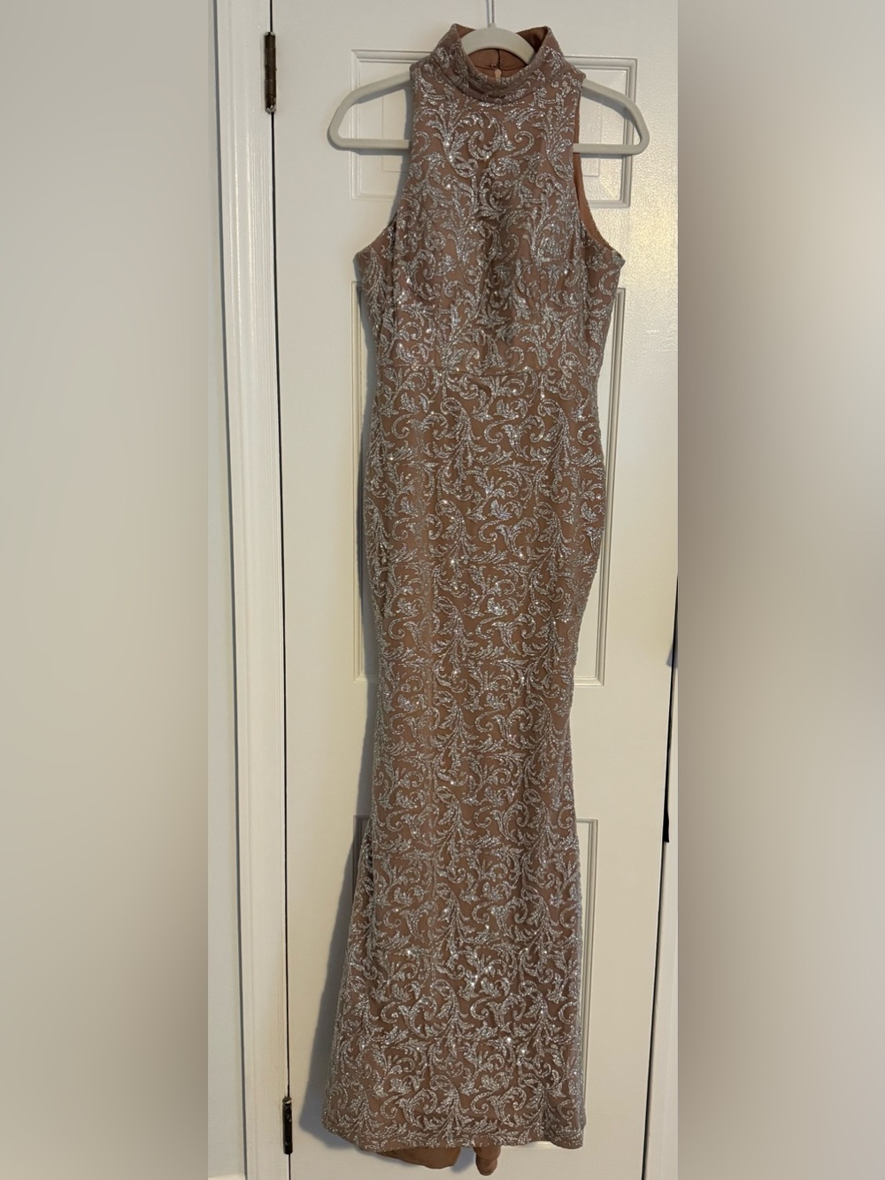 Embellished Taupe Evening Gown with Silver Scrollwork